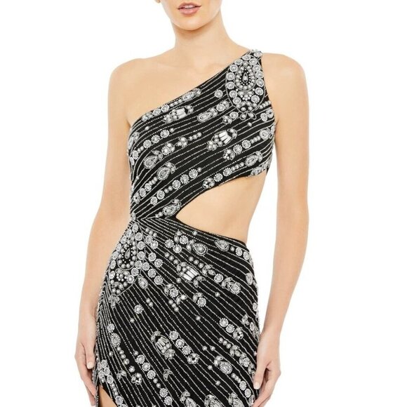 Mac Duggal 10880 One-Shoulder Cut Out Black Evening Gown Size 2 NWT Pearls Beads - Picture 2 of 12